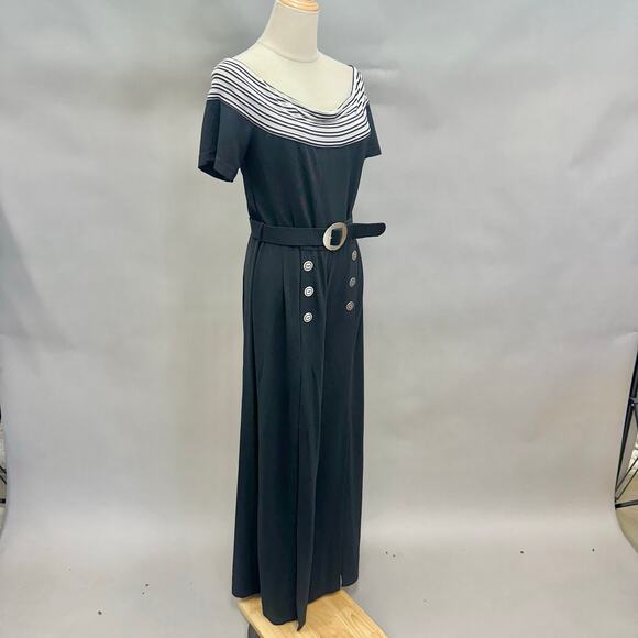 Vintage 90s Cache black slinky sailor nautical jumpsuit size 10 wide‎ slit leg - Picture 11 of 16